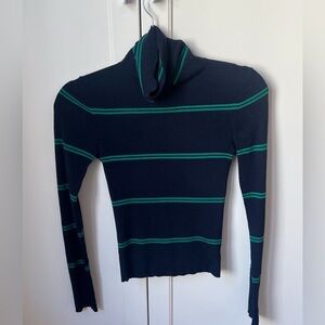 Theory Sz Small Navy Blue Green 100% merino wool turtleneck Neck Sweater stripes